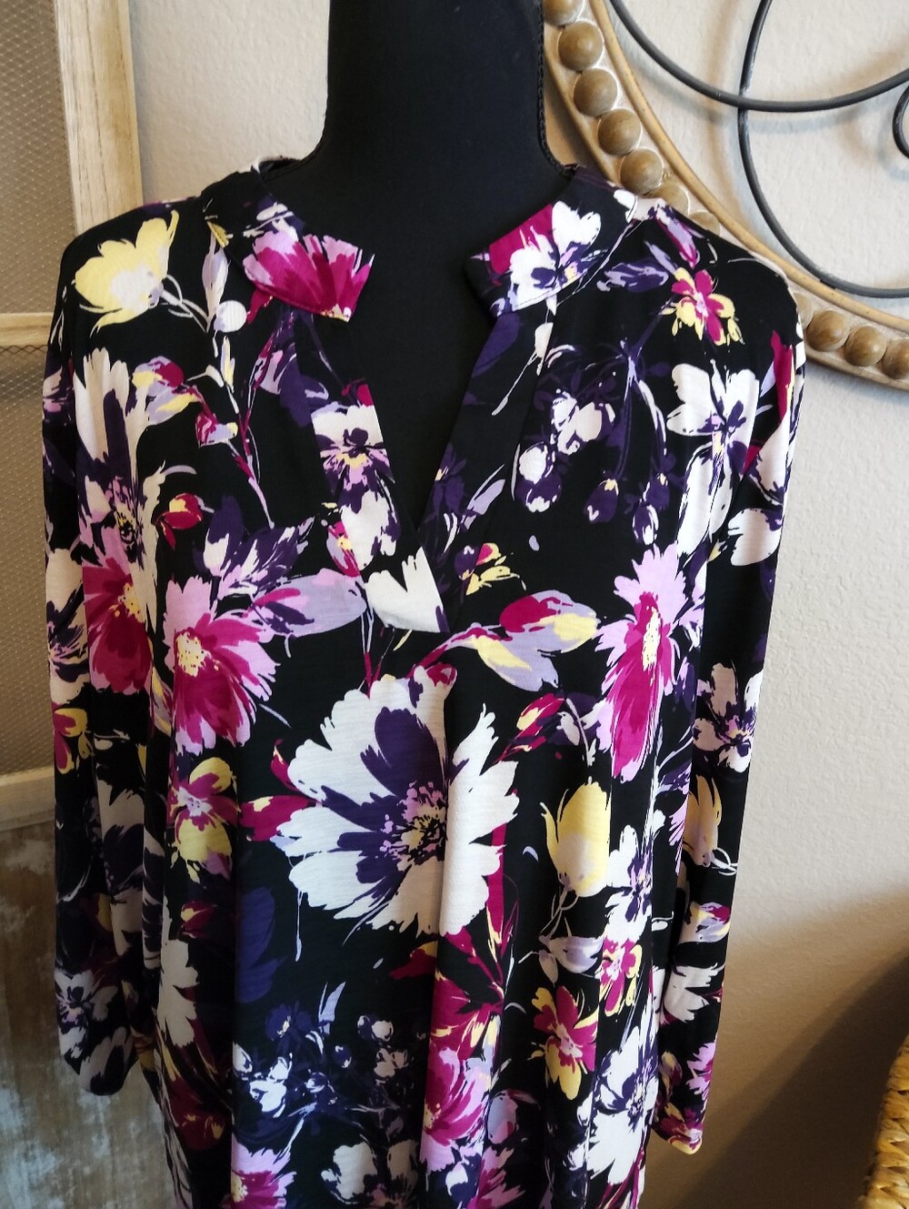 Dear Scarlett Black Floral V-Neck Tunic with Fuchsia, White & Yellow Blooms - Picture 2 of 10